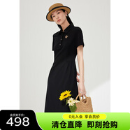 敦奴夏季新款polo短袖中長款連衣裙休閑運動風小黑裙 正黑色 M