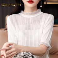 夏典素訂女王（SE.PSTP）鏤空針織衫短袖女內搭新款時(shí)髦洋氣學(xué)院風(fēng)蕾絲拼接歐根紗打底衫薄 2322半袖白色今年流行的輕奢母親 L