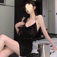 純欲性感吊帶裙閃閃亮片連衣裙女露背掛脖生日小禮服短裙子 黑色 S