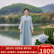 歐迪鳥（ODYBIRD）2025春夏新款女中式復(fù)古氣質(zhì)繡花改良旗袍茶服禪意古風(fēng)文藝連衣裙 藍(lán)色 M