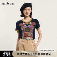 謎底圓領(lǐng)印花T恤女夏季新品復(fù)古特色撞色修身上衣242MT0585 深藍(lán) S