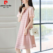 皮爾卡丹（pierre cardin）多種選擇 2025夏季新款時(shí)尚韓版顯瘦氣質(zhì)條紋撞色圓領(lǐng)泡泡袖直 皮粉色 M