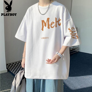 花花公子純棉短袖T恤男夏季潮牌ins打底衫大碼帥氣青少年寬松體恤美式 白色(260克純棉) S (75-90斤)