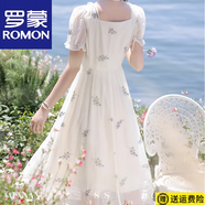 羅蒙（ROMON）法式氣質(zhì)通勤刺繡連衣裙2025夏季新款收腰顯瘦清新森系方領(lǐng)仙女裙 杏色（雪紡繡花·款） L 120斤左右