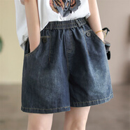 韓絲梵復古時(shí)尚簡(jiǎn)約牛仔短褲女寬松高腰顯瘦百搭減齡韓版闊腿褲五分褲 716#藍色短褲 XL 【建議140-160斤】