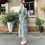 品柏寶莉辣妹波西米亞長袖氣質(zhì)歐美風(fēng)收腰碎花雪紡連衣裙法式辣媽大裙擺 圖片色 M