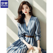 羅蒙條紋襯衫連衣裙女2025早秋新款女裝小眾不撞款超好看v領(lǐng)收腰藍(lán)色 藍(lán)色【送腰帶】 XL 【建議115-125斤】