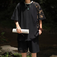 JEEP SPIRIT特大碼國(guó)風(fēng)垂感拼接盤(pán)扣短袖套裝男夏季加肥加大碼短恤短褲套裝男 5009款套裝  黑色 6XL 碼建議225-250斤穿
