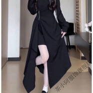 茶小阿襯衫褶皺不規則拉鏈裙擺連衣裙純色簡(jiǎn)約新款修身長(cháng)袖顯瘦長(cháng)裙裙子 黑色連衣裙 XL 125-140斤