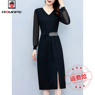 AEMAPE氣質(zhì)長(cháng)袖連衣裙春秋季2025新款洋氣女裝修身顯瘦開(kāi)叉中長(cháng)裙子 黑色 XL _建議120-132斤