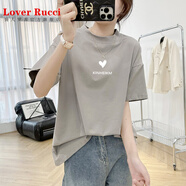 LOVER RUCCI2025新款純棉半高領(lǐng)正肩短袖T恤女寬松顯瘦減齡打底衫體恤上衣潮 灰色【KIN愛心-白】 S 建議90-110斤