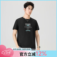 快魚(yú)夏季男新款圓領(lǐng)短袖休閑T恤棉感常規合體簡(jiǎn)約寬松顯瘦印花上衣 黑色15T1029 L