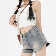 栢啟歆美式復古牛仔短褲女夏2025款高腰辣妹包臀修身顯瘦小個子a字熱褲 復古藍 M （96-105斤）