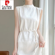 皮爾卡丹（pierre cardin）25夏季新款半高領(lǐng)套頭系帶連衣裙女飄逸醋酸緞面垂順無(wú)袖真絲長(zhǎng)裙 月白色 2XL 【收藏加購(gòu)有禮】
