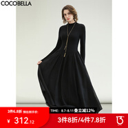 COCOBELLA赫本風(fēng)禮服半高領(lǐng)連衣裙小黑裙褶皺肌理大擺長(zhǎng)裙FR0008 黑色 L