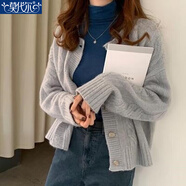 莫代爾針織衫女2025春秋冬季新款軟糯絞花寬松短款毛衣外套麻花米白開衫 灰色 S 【建議85-95斤】