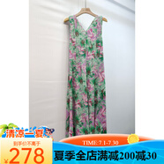 SHXI三宅褶皺2024夏季新款日韓休閑風(fēng)連衣裙v領(lǐng)彩繪印花綁帶a字裙女 綠花 均碼