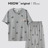 貓人睡衣女士帶胸墊純棉灰色七分褲經(jīng)典大碼卡通可愛(ài)可外穿家居服