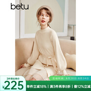 betu百圖女裝網(wǎng)紗拼接小高領(lǐng)木耳邊燈籠袖針織連衣裙女2110T69 淺杏色 M