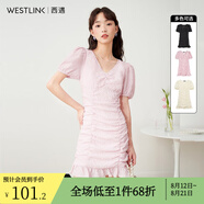 西遇V領(lǐng)泡泡袖連衣裙女2024年早夏新款法式褶皺收腰修身包臀裙子 粉色 S