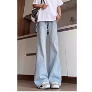 POUM美式高街vibe微喇牛仔褲男新款寬松復古休閑百搭闊腿長(cháng)褲 淺藍色 L 【建議105-120斤】