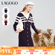 lagogo新款文藝條紋連帽長(cháng)袖直筒裙女拉谷谷冬季新款寬松連衣裙 藏青白(MV) XL 170/42