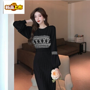 初徑2025秋冬裝新款小香風(fēng)名媛氣質(zhì)修身顯瘦中長(cháng)款過(guò)膝打底針織連衣裙 黑色 L 110-125