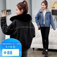 梵奧格（FANAOGE）2023冬裝新款ins大毛領棉服女加絨加厚牛仔外套寬松韓版網(wǎng)紅棉衣 黑色【帶毛領】 L 110-120斤