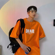 卡通美式t恤男oversize夏季寬松衣服ins潮牌半袖潮流高街時(shí)尚短袖 DEAR五分袖橘紅色 S
