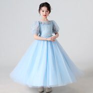 兒童禮服裙泡泡袖蓬蓬網(wǎng)紗裙子長款女童鋼琴演出服花童婚禮公主裙 淺藍色 140cm
