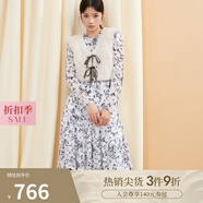 SNIDEL秋冬甜美淑女荷葉邊收腰百褶印花連衣裙SWFO244316 淺灰色 S （0）