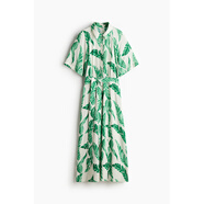 HM女裝連衣裙夏季腰部系帶襯衫式寬松短袖植物印花長(cháng)裙1217576 白色/綠色圖案 XXS 150/76XXS
