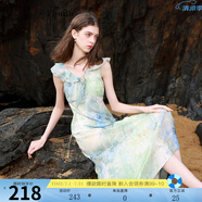 三彩2025夏季新款系帶V領(lǐng)荷葉邊暈染印花雪紡連衣裙長裙 綠米花卉 M 160/84A