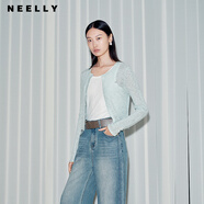 NEELLY納儷商場同款秋季新款輕薄透氣針織開衫女長袖修身短款上衣 青瓷綠 S