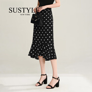 SUSTYLE奢侈高端品牌女裝高檔波點(diǎn)半身裙夏季新款不規(guī)則荷葉邊包臀魚尾裙 黑色 XS 建議80斤-90斤