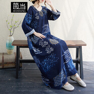 簡(jiǎn)當（JIANDANG）大碼女裝夏季寬松文藝度假風(fēng)沙灘裙胖MM復古遮肉長(cháng)款連衣裙5909 藍色圓領(lǐng)-8809 均碼 【200斤以下】