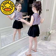 G.duck童裝女童套裝中大童夏裝小女孩夏季雪紡襯衫短袖短褲兩件套3-10歲 紫色上衣+黑色褲子 130 建議身高120左右3-10歲