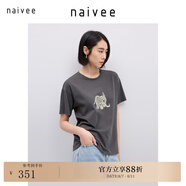 納薇（naivee）商場同款25夏新款原創(chuàng)吉象印花休閑寬松艾草棉T恤女 暗灰 M