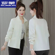 羅蒙（ROMON）雙層帶里布春秋外套女短款女新款小香風(fēng)立領(lǐng)休閑寬松夾克外套風(fēng)衣 米白色 XL 建議105-120斤