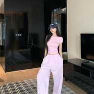 希蘇隆yy潮流精品女裝嚴(yán)選藏青色辣妹修身短袖T恤夏季純色緊身顯身材正 粉紫色上衣 S 【80-90斤】