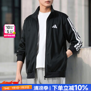阿迪達斯（adidas）男裝夾克 25夏新款運動服休閑防風開衫跑步健身時尚快干透氣外套 黑/白/時尚三條紋 【針織立領】 L 【175-180cm/150-160斤】