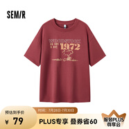 Semir[商場(chǎng)同款]史努比系列短袖T恤女中長(zhǎng)款印花2024新款純棉秋裝 酒紅60957 155/80A/S
