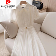 皮爾卡丹（pierre cardin）法式赫本風(fēng)簡(jiǎn)約白色壓褶雪紡裙夏季外穿森女遮肚通勤短袖連衣裙女 白色款【無腰帶】 S 【95斤以下】