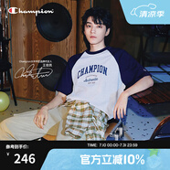 Champion【王俊凱同款】冠軍短袖插肩袖情侶款25夏季新款復(fù)古純棉T恤 灰色藍(lán)色拼接 L