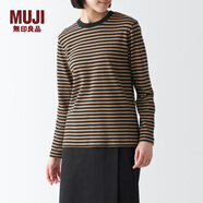 無印良品（MUJI）女式 雙羅紋編織圓領(lǐng)長袖T恤打底衫上衣內(nèi)搭 秋冬款 BBC32A3A 米色條紋 M 160/84A