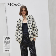 MO&Co.老花毛絨學(xué)院風(fēng)棒球服夾克天毛茸茸外套毛絨外套寬松外套女 白底黑字 XS 155
