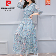 皮爾卡丹（pierre cardin）藍(lán)色雪紡碎花長(zhǎng)袖連衣裙2025新款女早春秋款高檔品牌媽媽秋季裙子 藍(lán)色 3XL 135-144斤