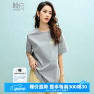 晚白寬松顯瘦短袖棉t恤女2025夏款洋氣時(shí)尚簡約氣質(zhì)休閑純色印花上衣 花灰色 L
