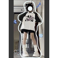 Baldauren大童女裝13到15歲夏季短袖短褲套裝初中高中學(xué)生女孩休閑運動(dòng)服潮 吉他貓#黑拼白T恤+黑色短褲 套裝 薄款 150 (S) 【建議75-90斤】