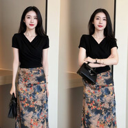 面料故事羅芬女裝套裝兩件套百搭顯瘦V領(lǐng)綁帶T恤碎花顯瘦開(kāi)叉半身裙分開(kāi)買(mǎi) 彩色半裙 S
